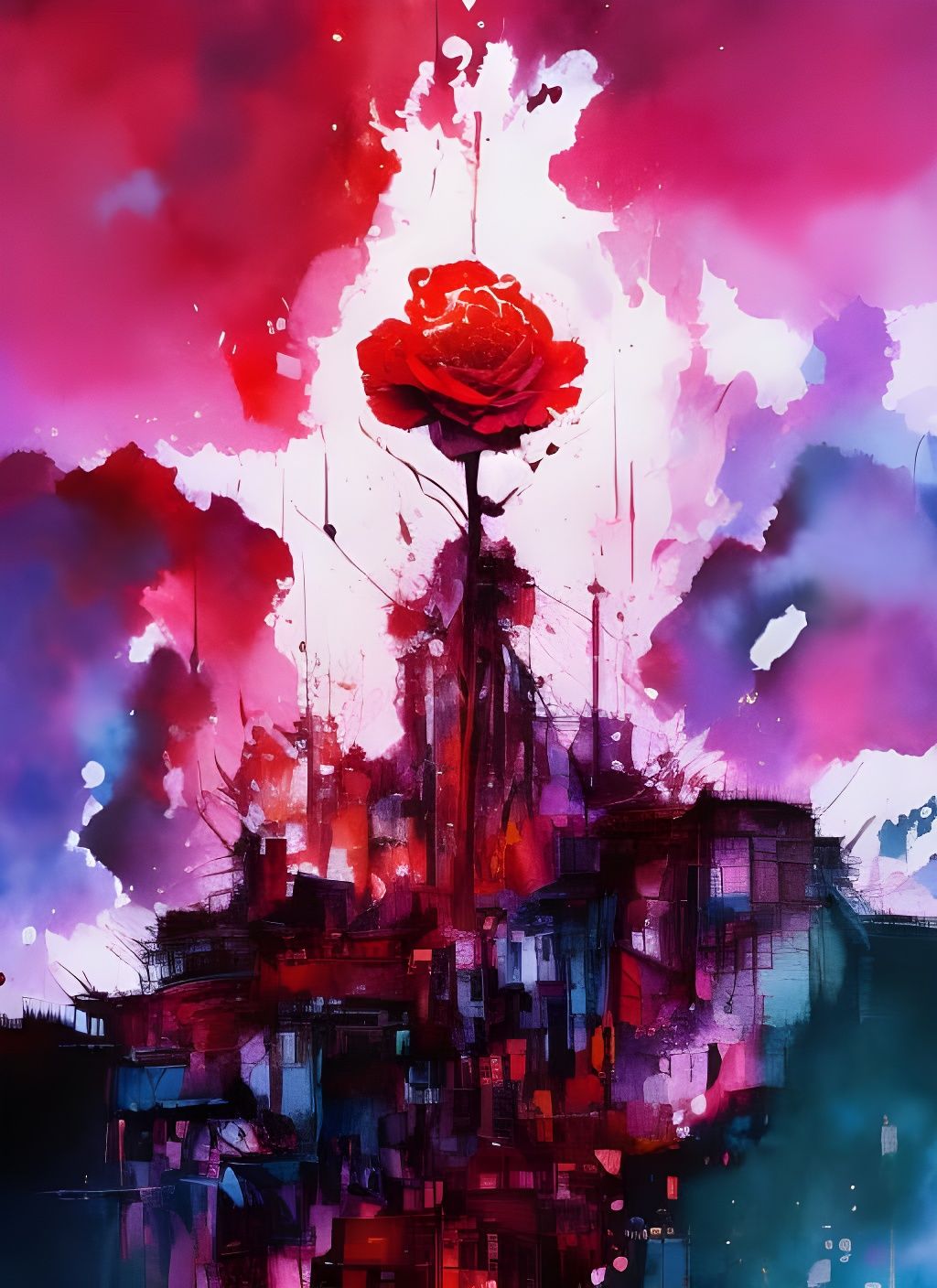 Burning Rose in Watercolor Style with Ink Drips