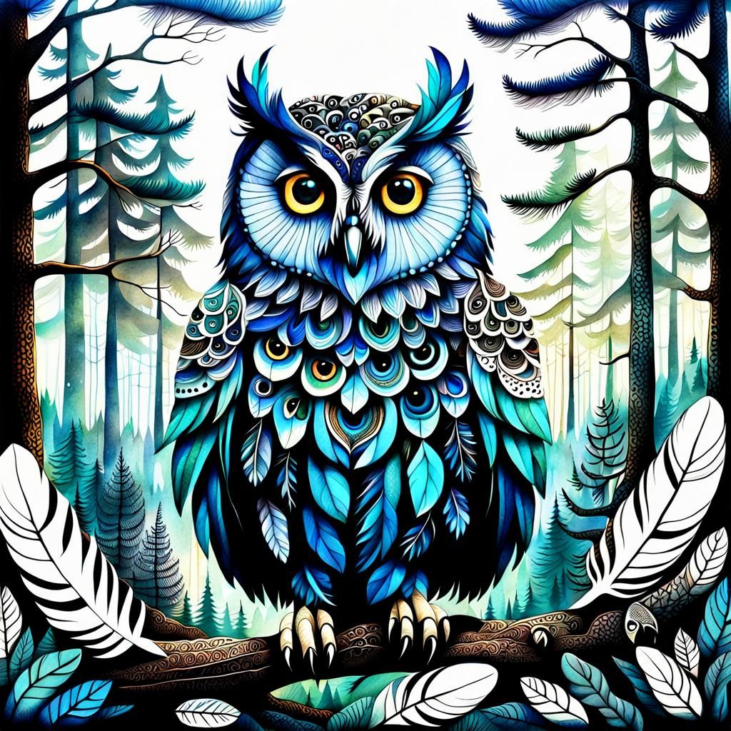 Surreal Owl with Zentangle Feathers in Forestscape