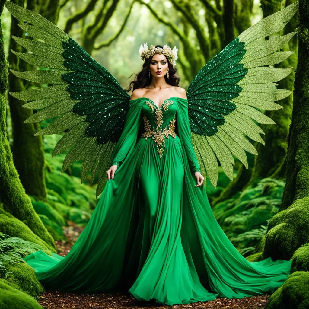 Moss Fairy in Emerald Gown with Glittery Wings