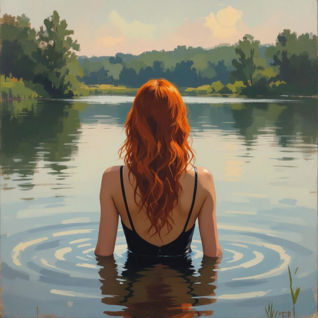 Woman in Lake: Impressionist Style Swimming Art