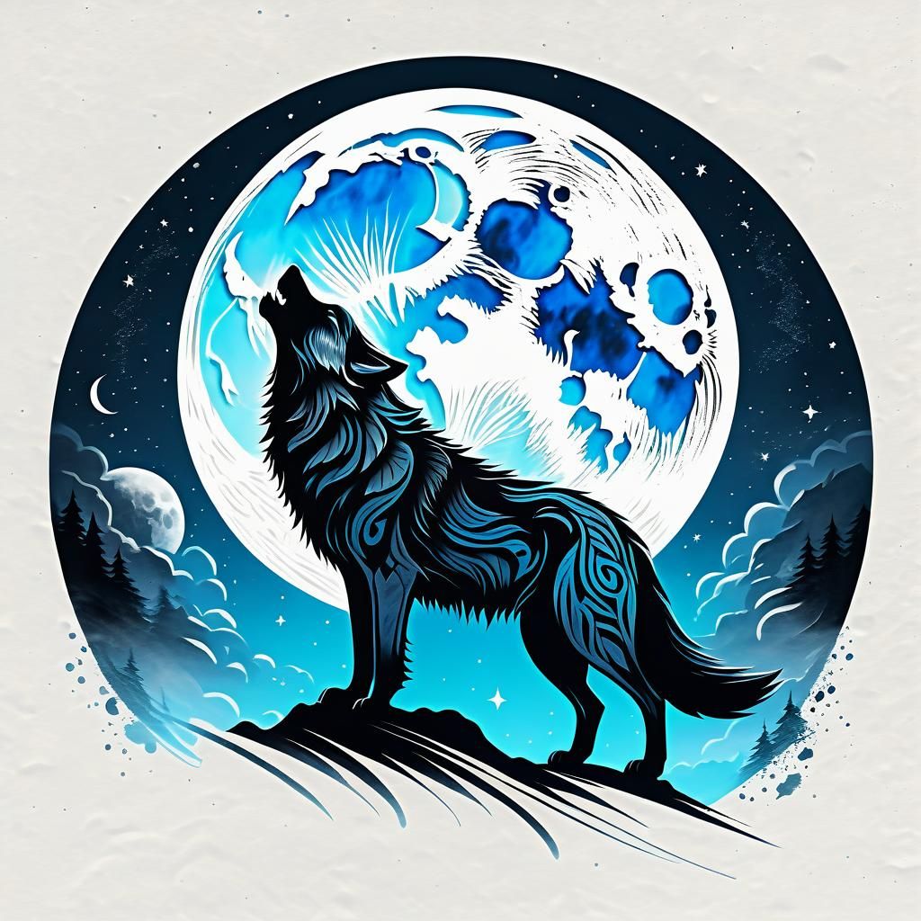 Calligraphic Wolf Howling at Moon