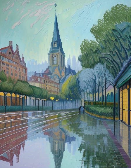 Rainy Cityscapes in Vibrant Neo-Impressionist Style