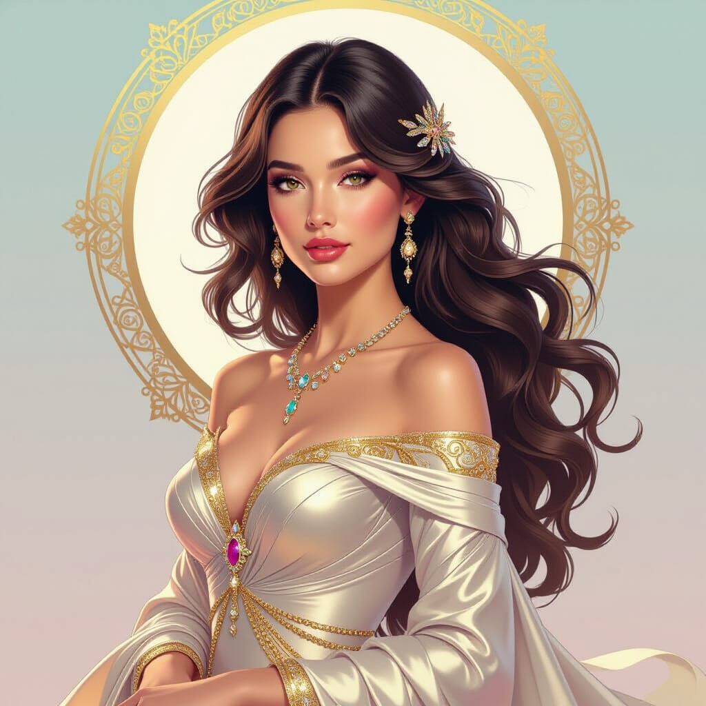 Hyperrealistic Woman with Flowing Hair and Gems