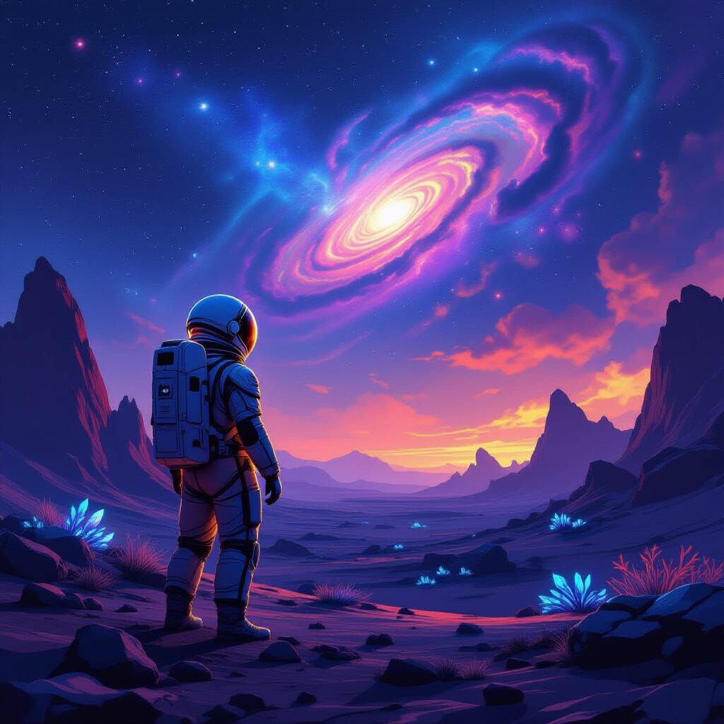 Astronaut Gazes at Nebula on Alien Planet in Retro Sci-Fi St...