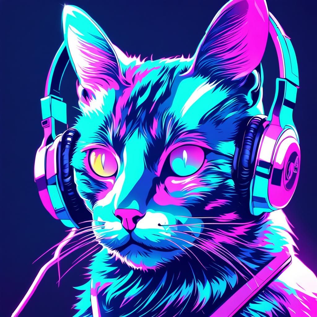 Holographic Cat Listens to Music in Synthwave Style