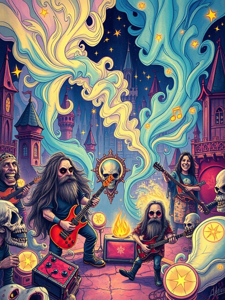 Magical Death Metal Band in Vibrant Fantasy City