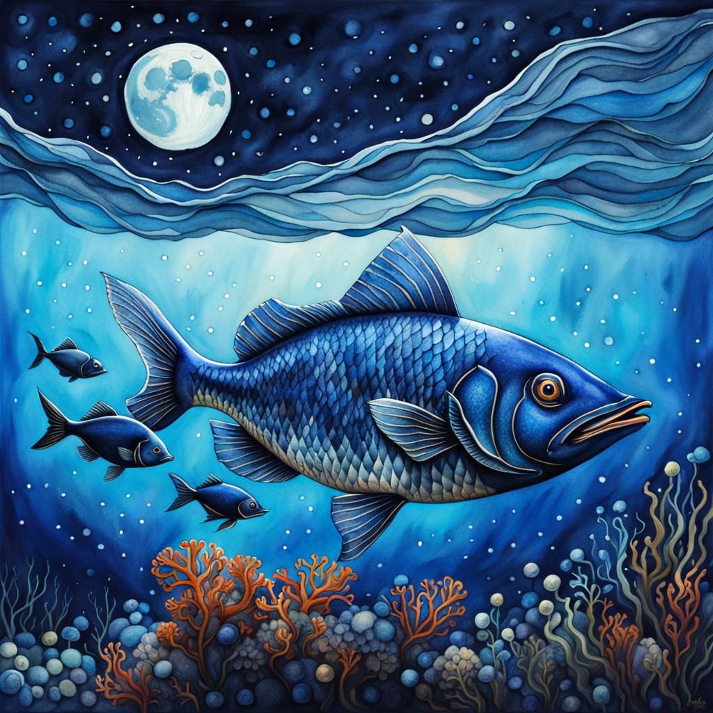 Watercolor Fish in Ocean Under Moon and Stars
