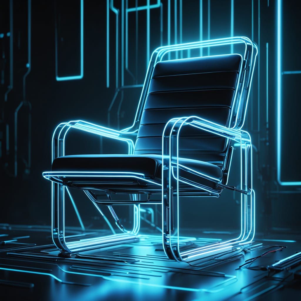 Chair Moving Itself with Neon Glow: Sci-Fi Illustration