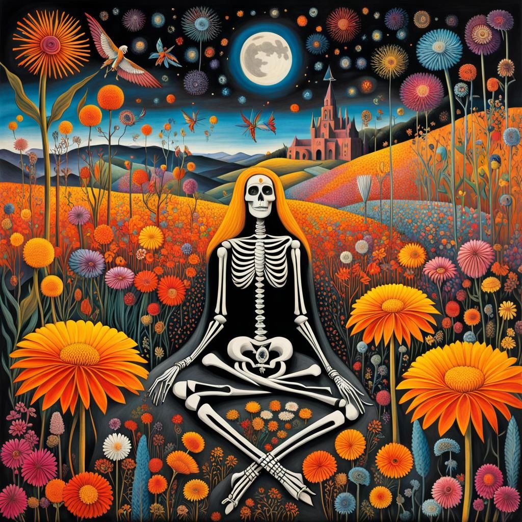 Dia De Los Muertos  ofrenda, maze of bones and flowers, Santa Muerte    in a Million Marigolds  dreamscape,  making wish...