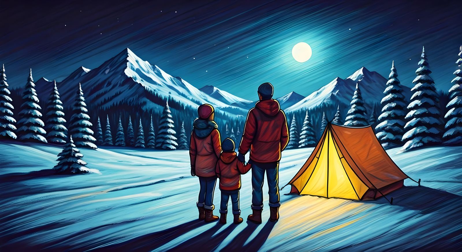Vibrant Winter Family Scene in Crayon Style