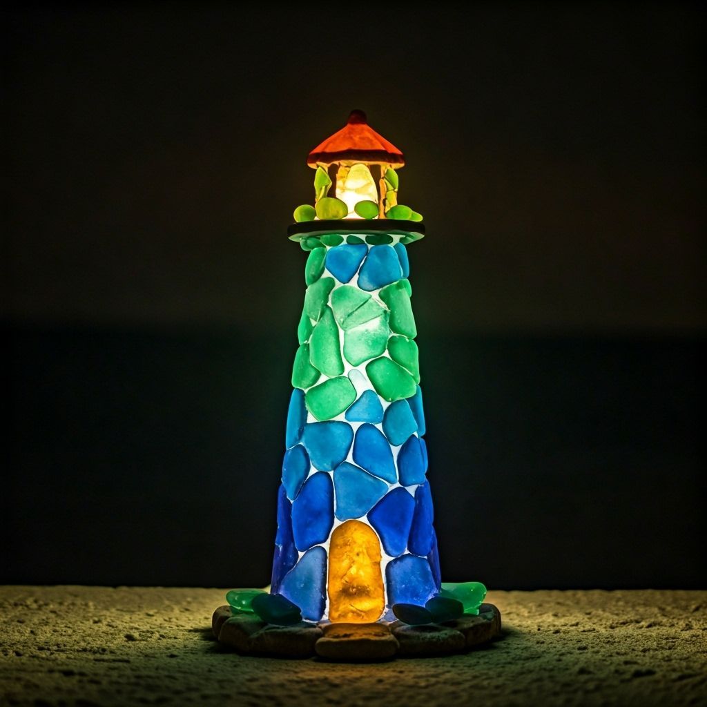 Glowing Emerald and Cobalt Sea Glass Lighthouse