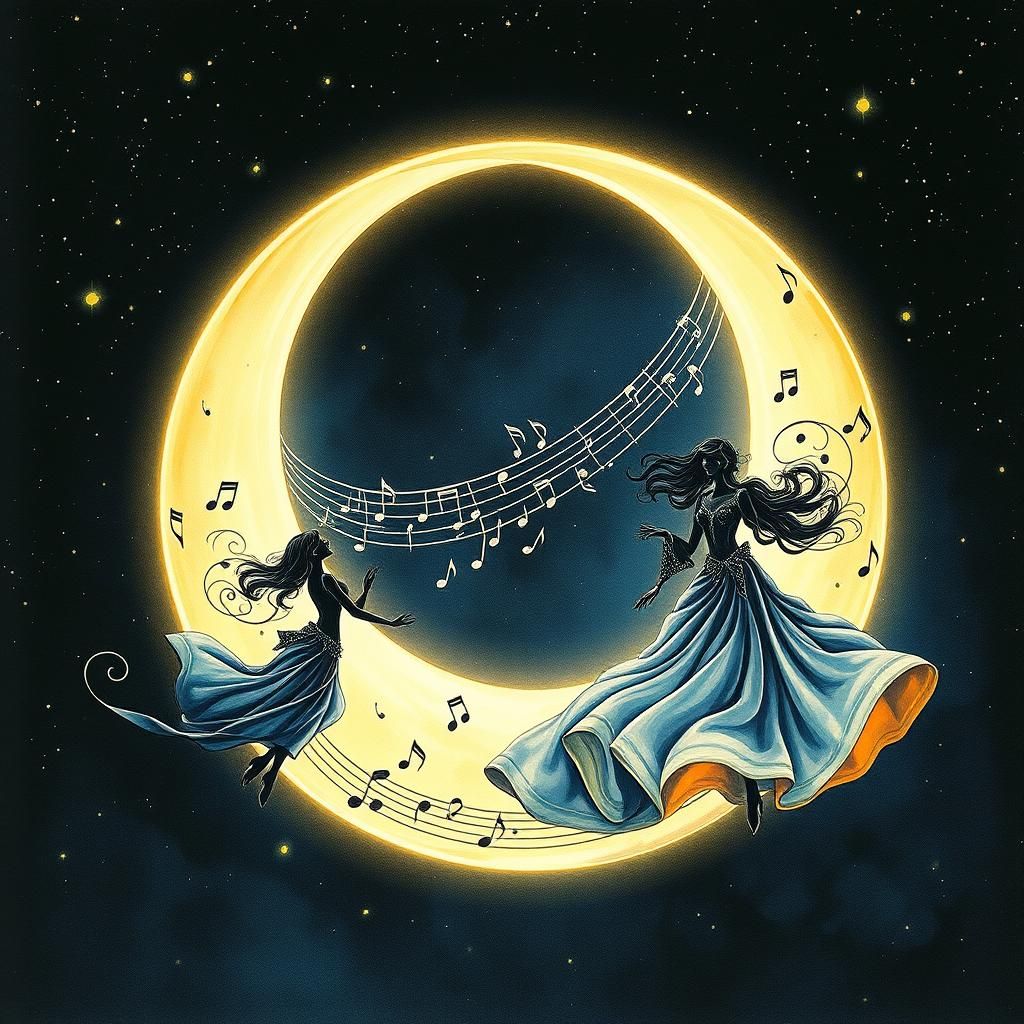 Ethereal Moon of Musical Notes with Dancing Silhouettes