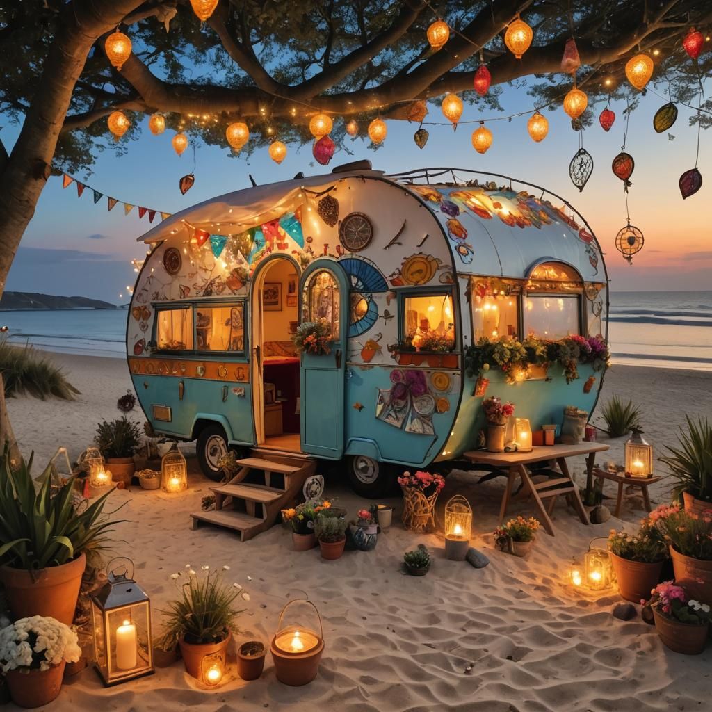 Magical Caravan on Beach at Sunset: Fantasycore Style