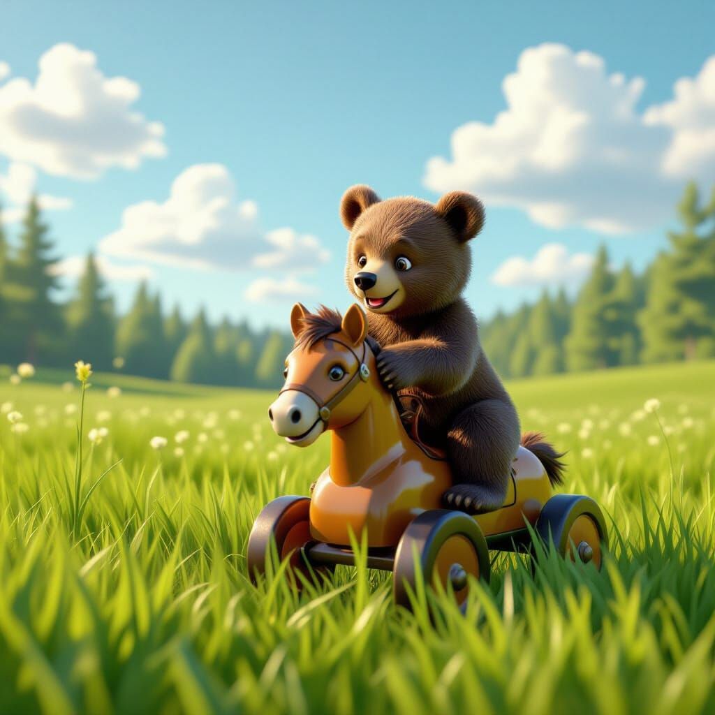 Bear Cub Rides Toy Horse in Sunny Field