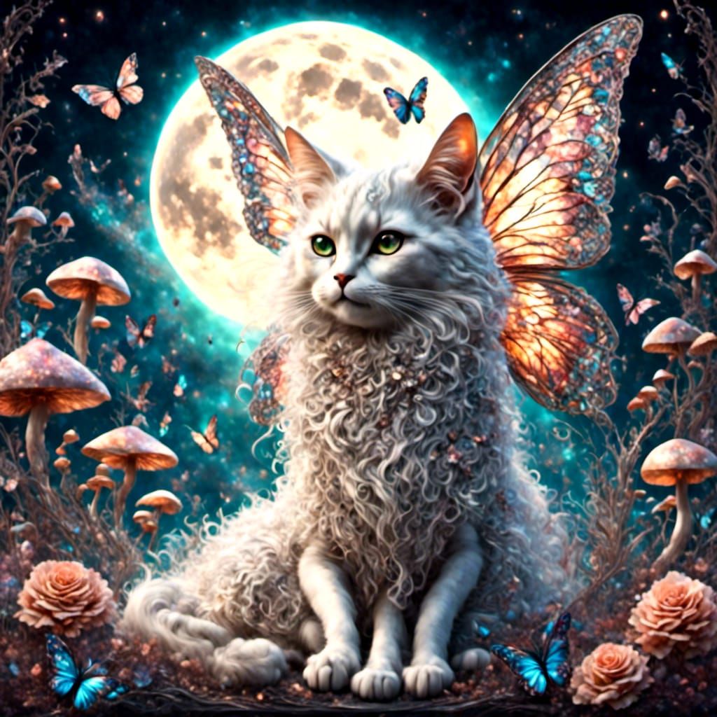 Fantasy Cat Angel with Butterfly Wings Under Full Moon