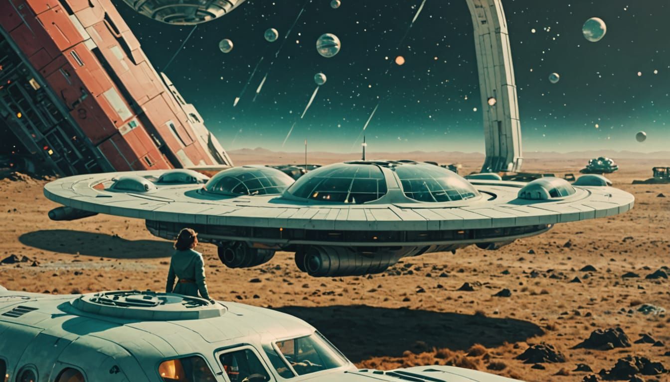 Retro Sci-Fi Woman Before Spaceship in 1950s Style