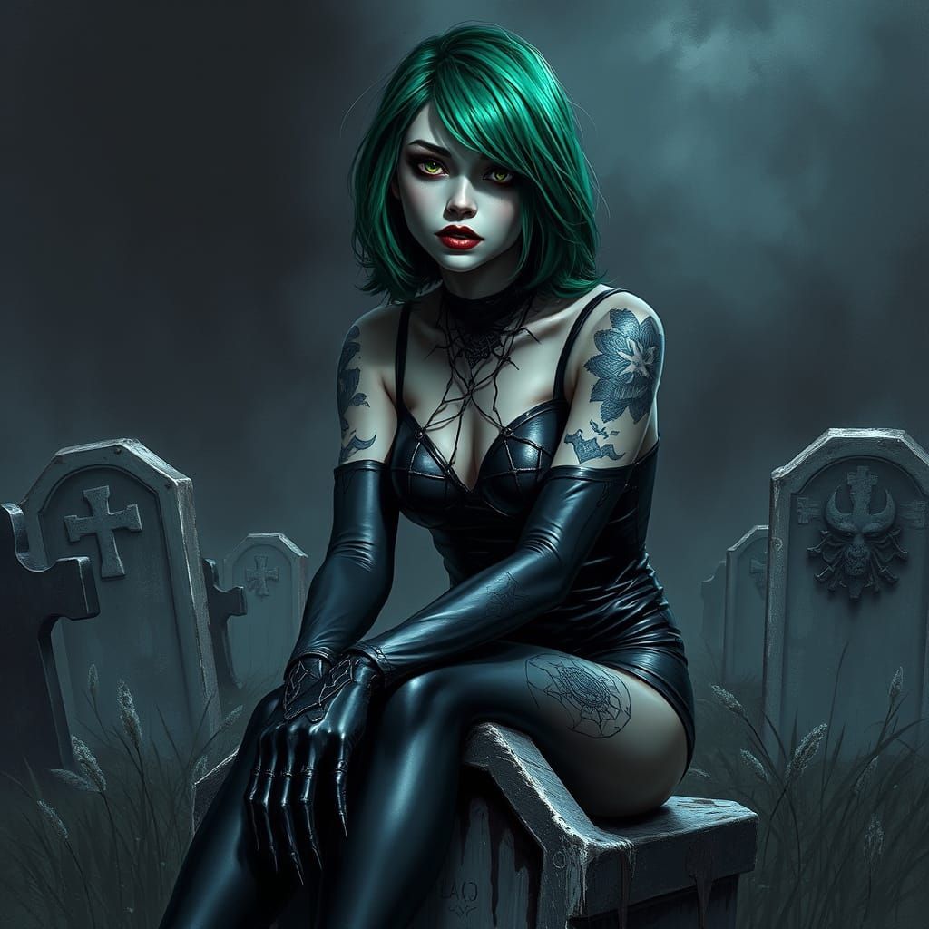 girl, dark, gothic,  tattooed,  black leather bodysuit,  emerald green hair,  dark makeup,  in a graveyard,  sitting on ...
