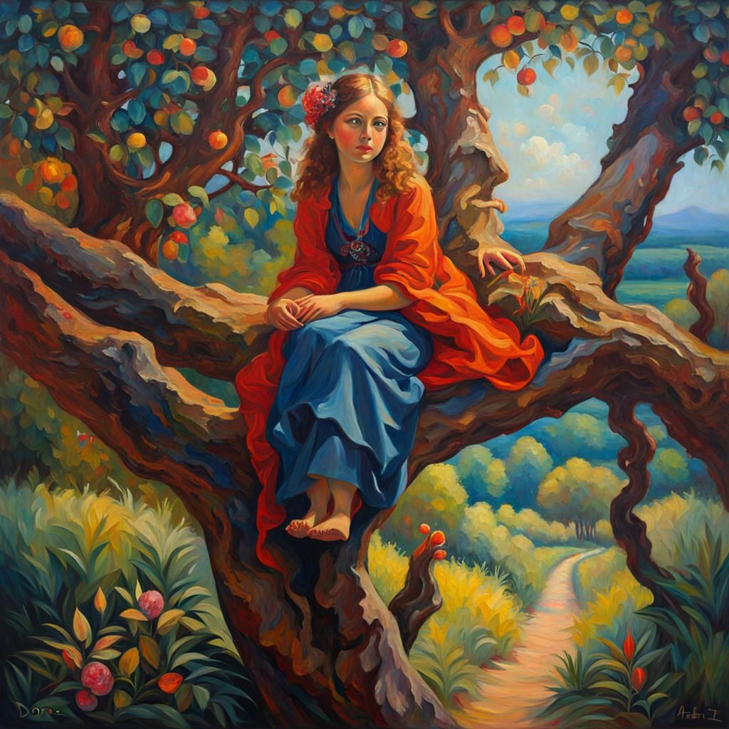 Girl in Tree: Impressionist Oil Painting