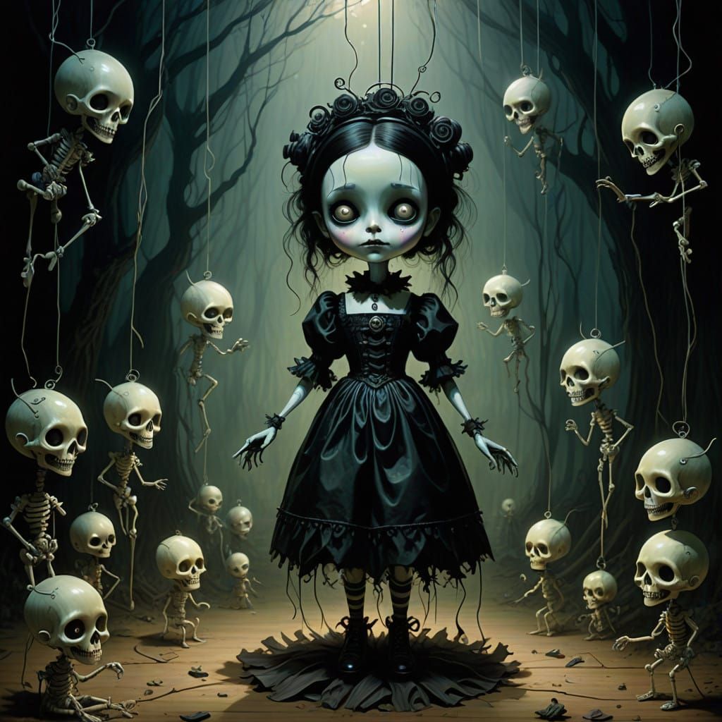 Whimsical Marionette Dances in Dark, Ornate Theater