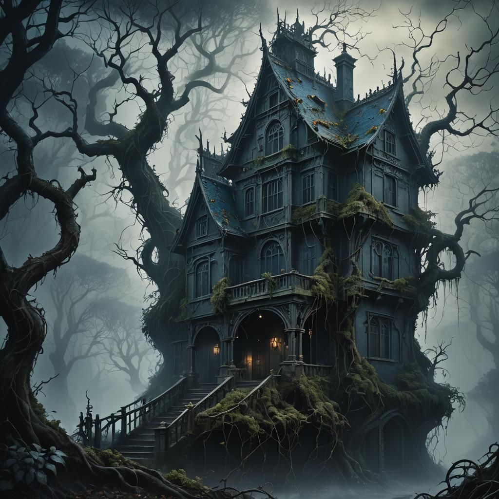 Eerie Gothic House in Misty Forest Concept Art