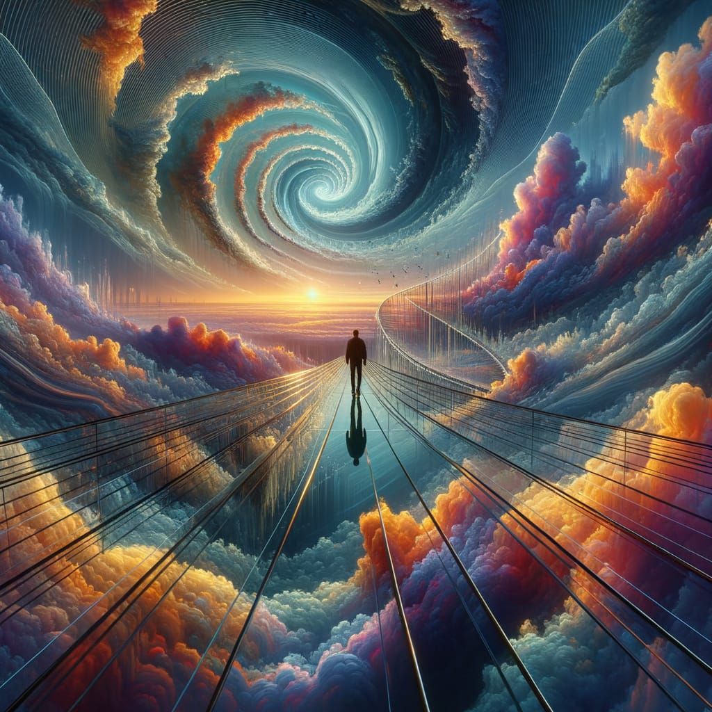 Vertigo: Figure on Fragile Glass Bridge Amidst Clouds