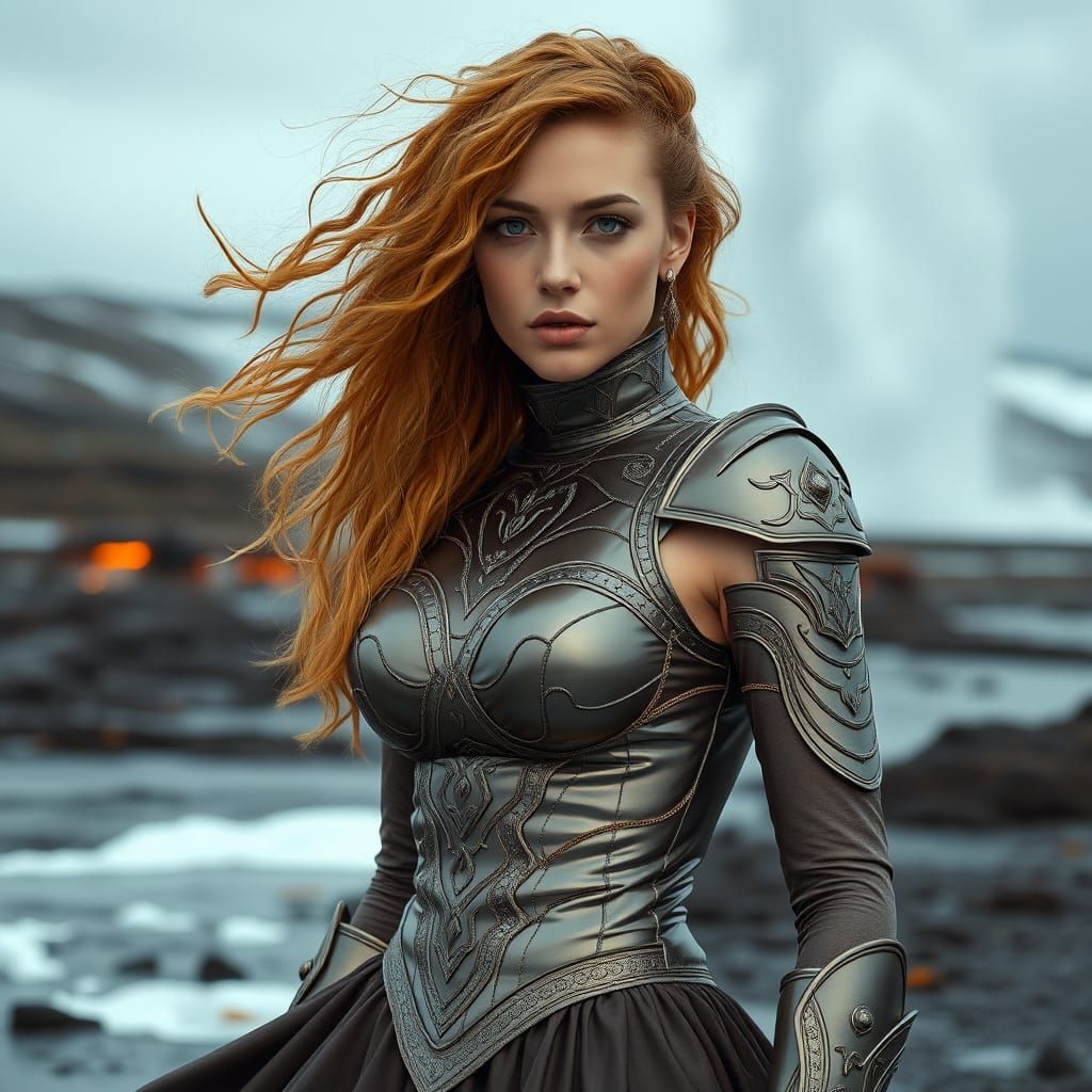 Hyperrealistic Woman in Metallic Latex Armor, Inspired by Ic...