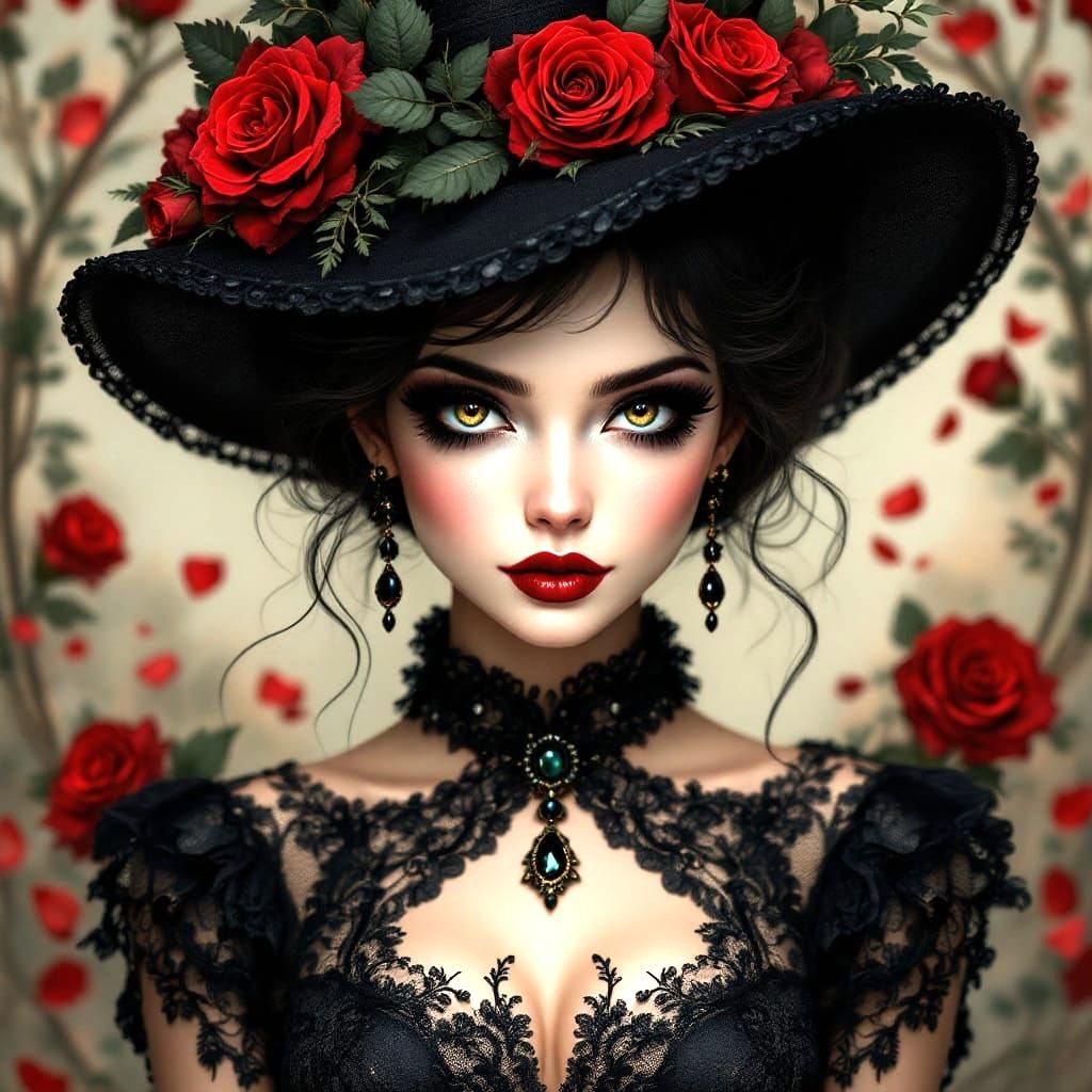 Gothic Betty Boop Portrait in Black Lace and Red Roses