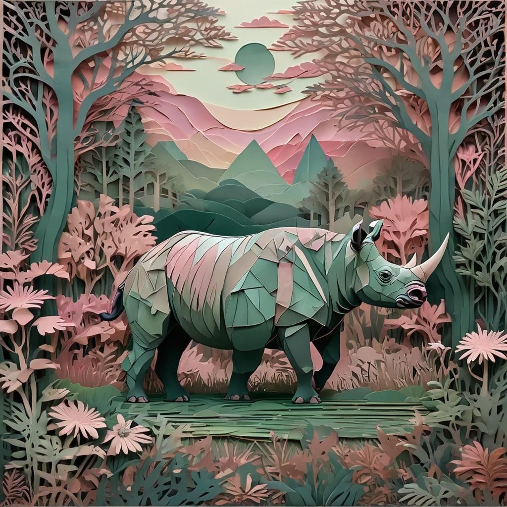 Vibrant Art Nouveau Paper Cut Pink Rhino