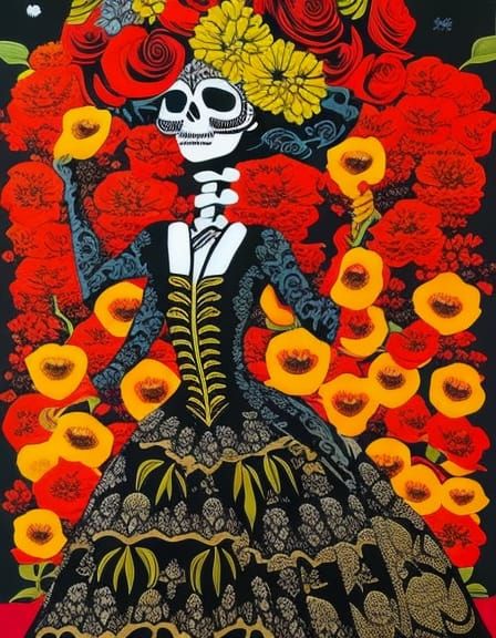 16k resolution, mesmerizing scene of a skeletal Catrina dressed in opulent gowns, surrounded by blooming cempasúchil (ma...