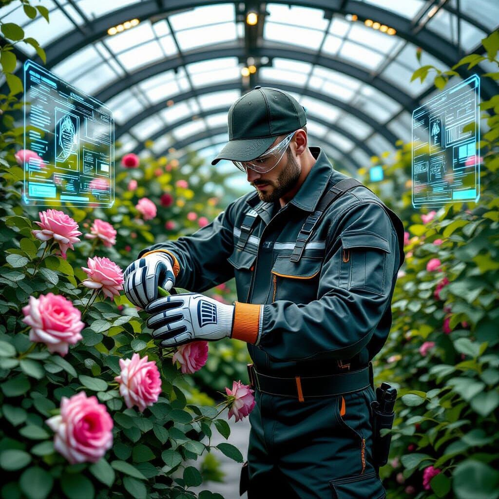 Tactical Gardener Pruning Roses in Futuristic Greenhouse