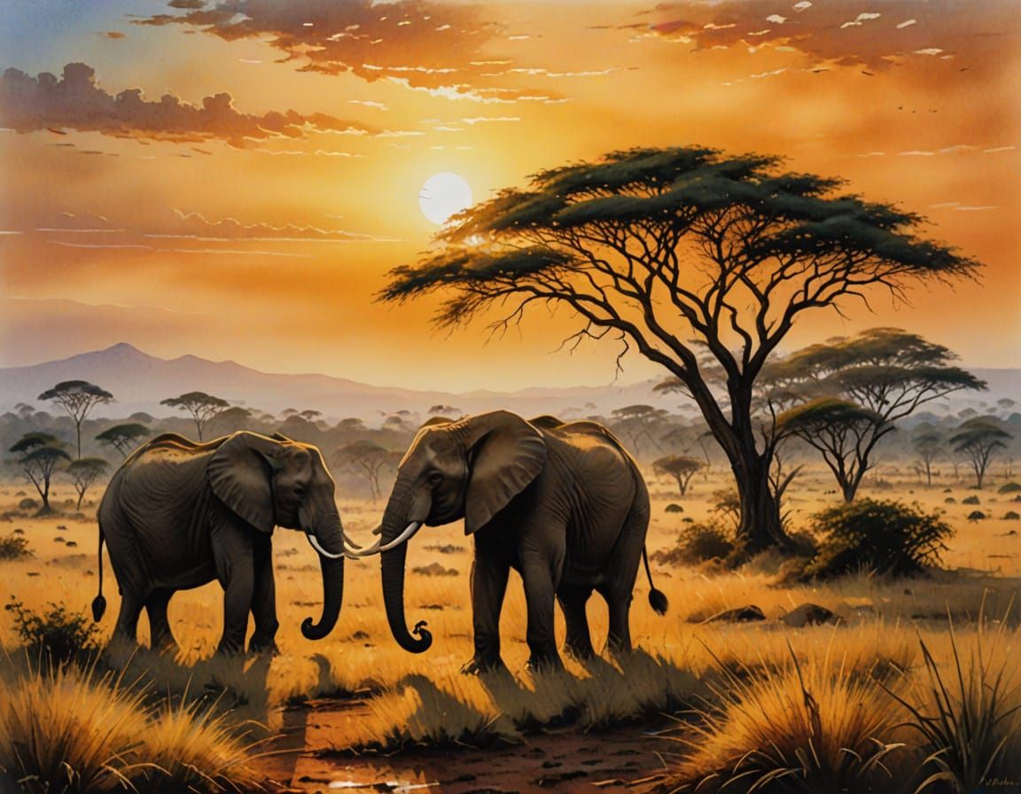 Surreal African Sunset with Majestic Elephant and Calf in a ...