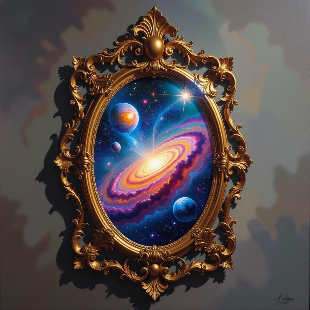 Baroque Mirror Reflecting Abstract Thoughts as Oil Painting