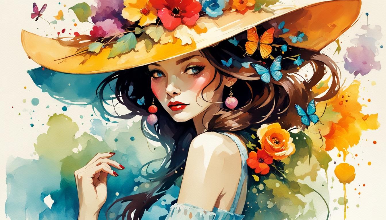 Floral Lady with Hat in Detailed Character Design