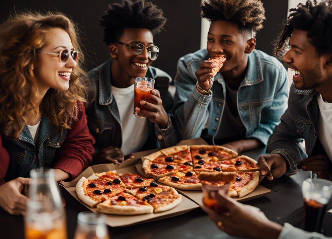 Friends Enjoying Pizza and Soda Together