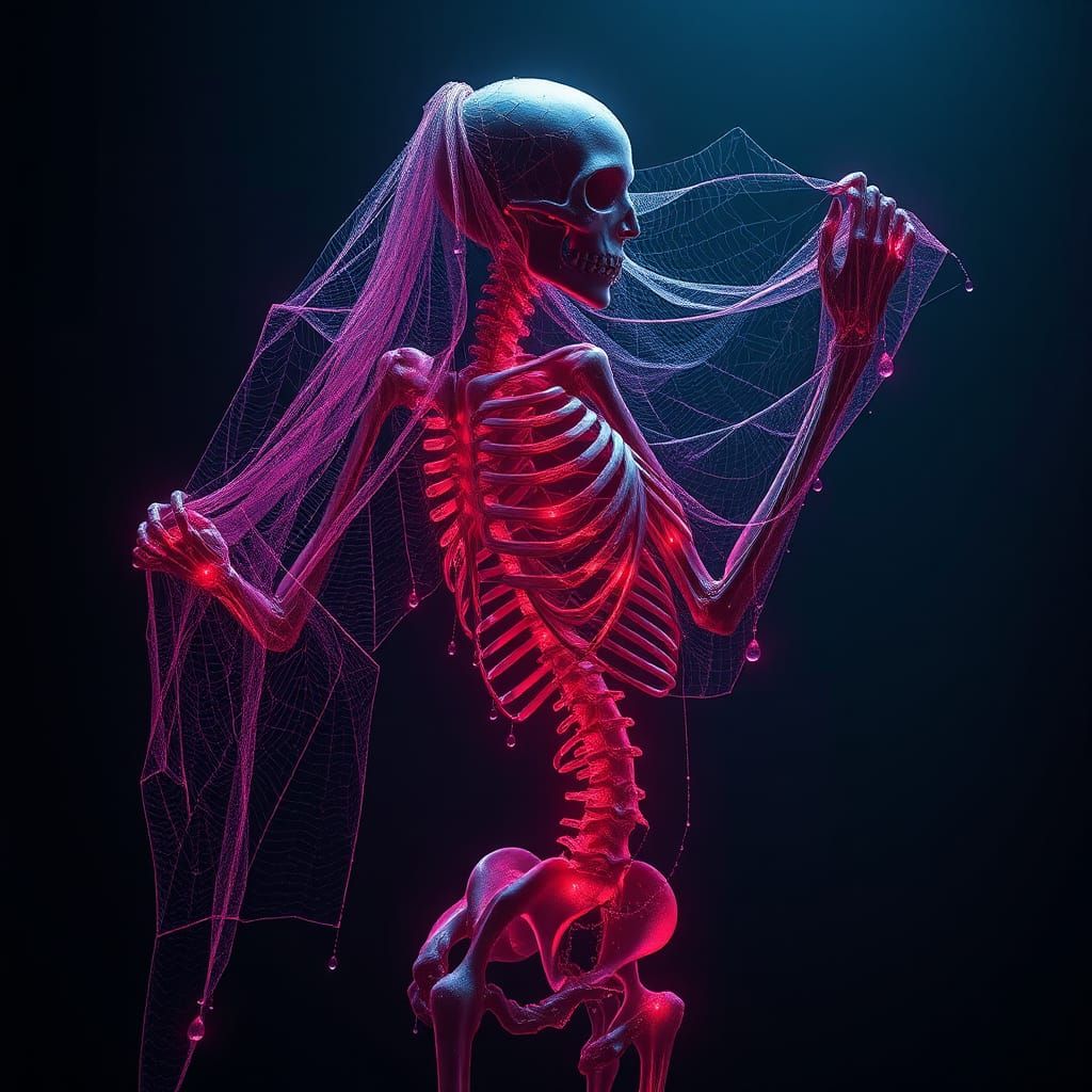 Ethereal Skeletal Woman in Spider Web Bodysuit