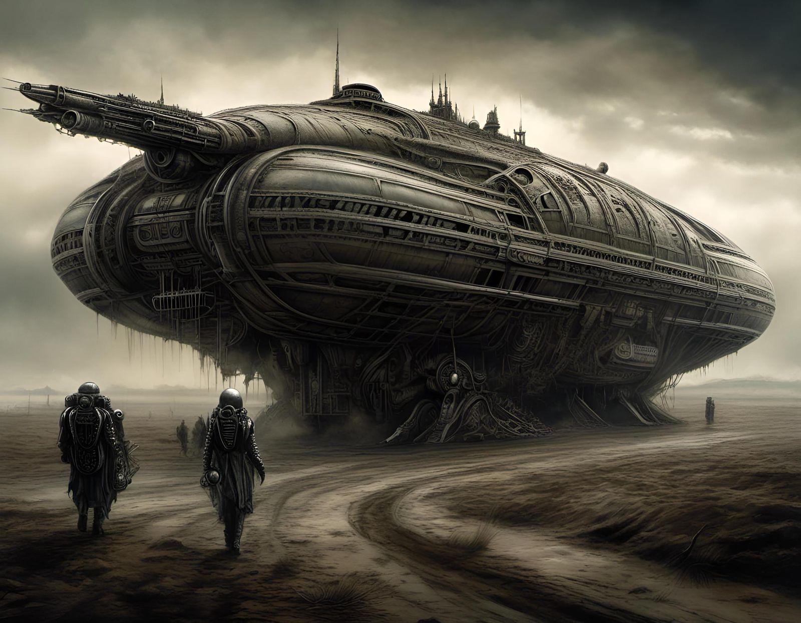 Biomechanical Hovercraft in Dystopian Wasteland, Giger Style