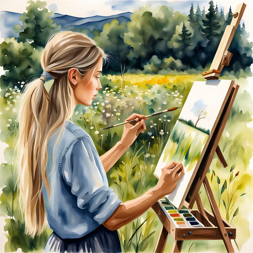 Eurasian Woman Painting in Meadow: Photorealistic Watercolor