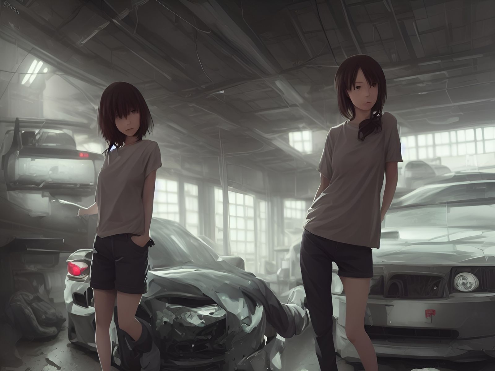 Anime Mechanic Girl in Garage: Cell Shaded Portrait