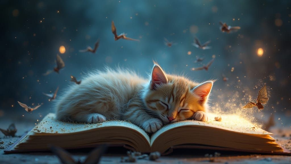 Kitten Dreams of Knights and Dragons on Magical Book