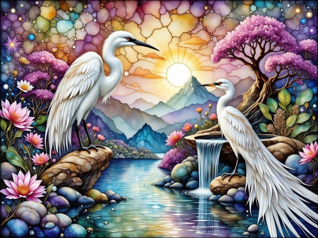 Ethereal Stained Glass Masterpiece with White Bird and Flora...