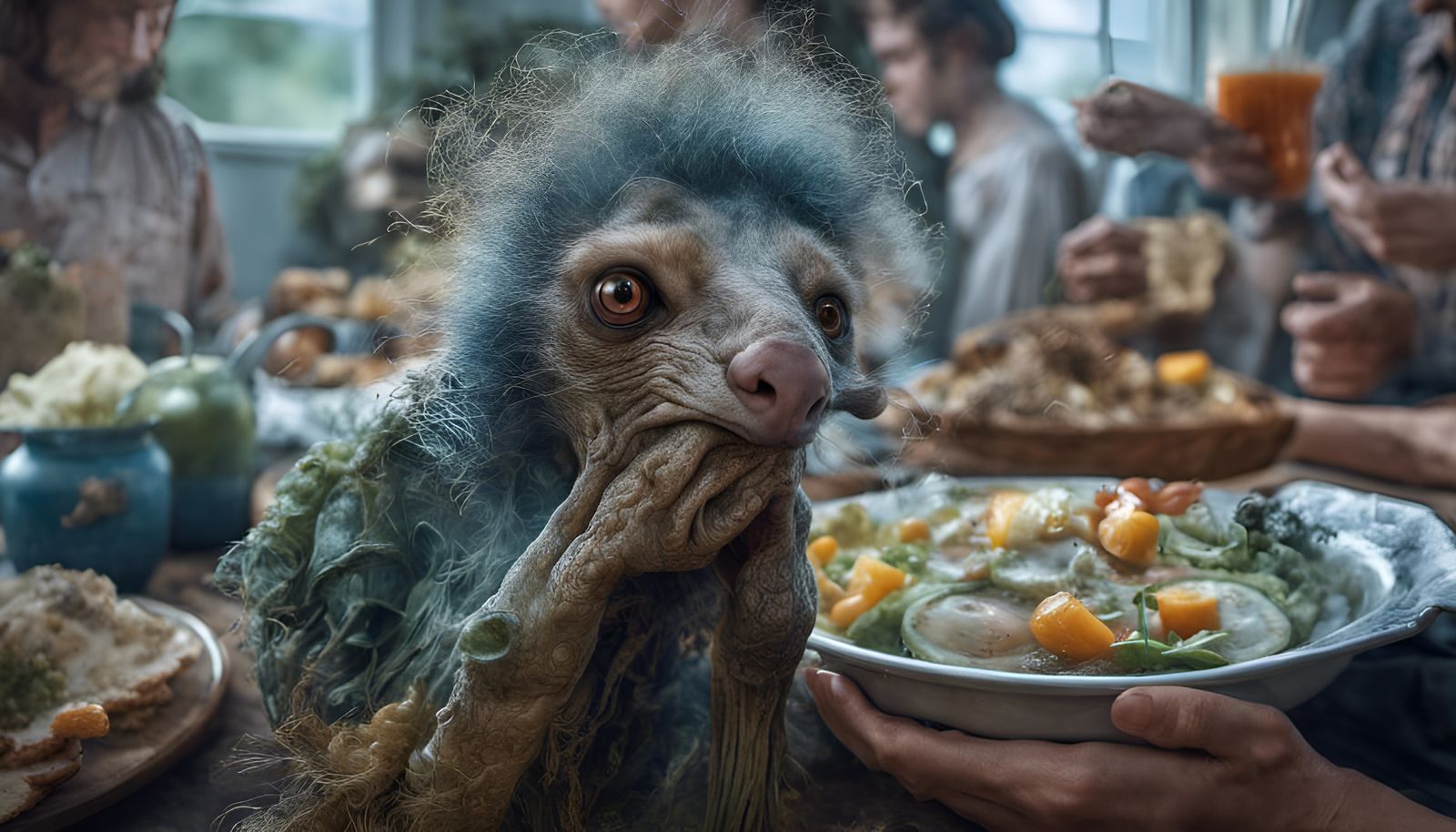 Photorealistic Potluck with Aliens and Emotional Pets