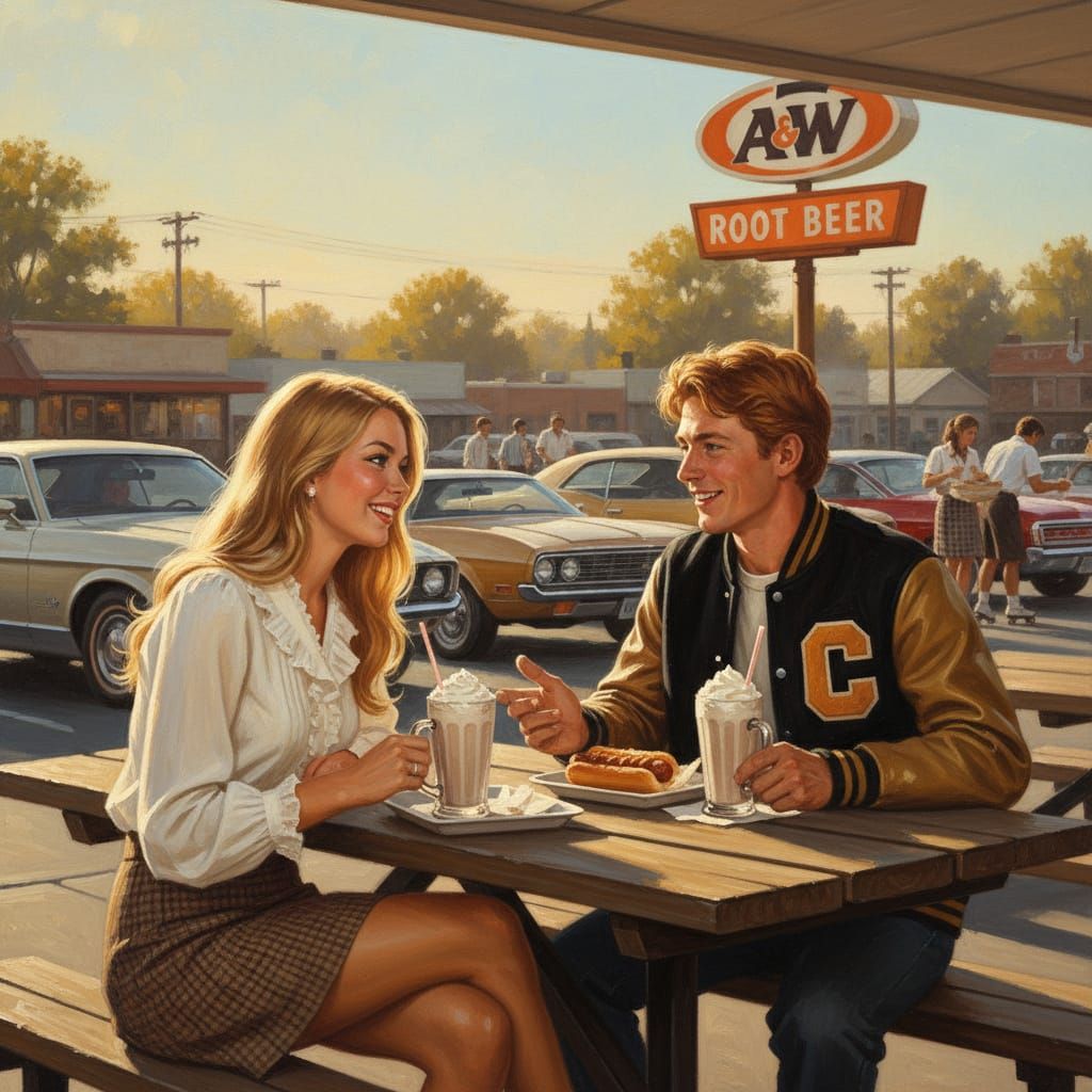 Nostalgic 1972 A&W Drive-In Scene Oil Painting