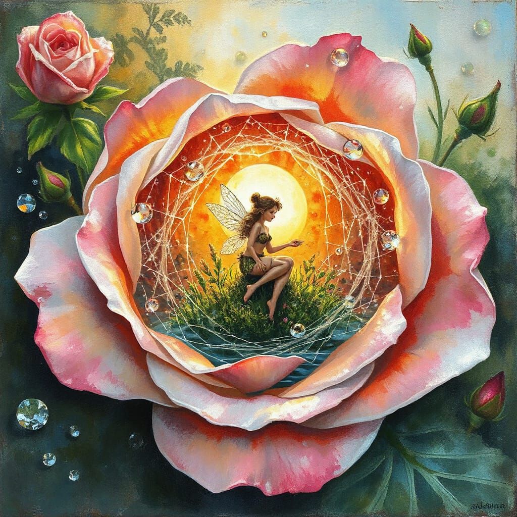 Fairy in Dewy Web Inside Blooming Rose, Gouache Style