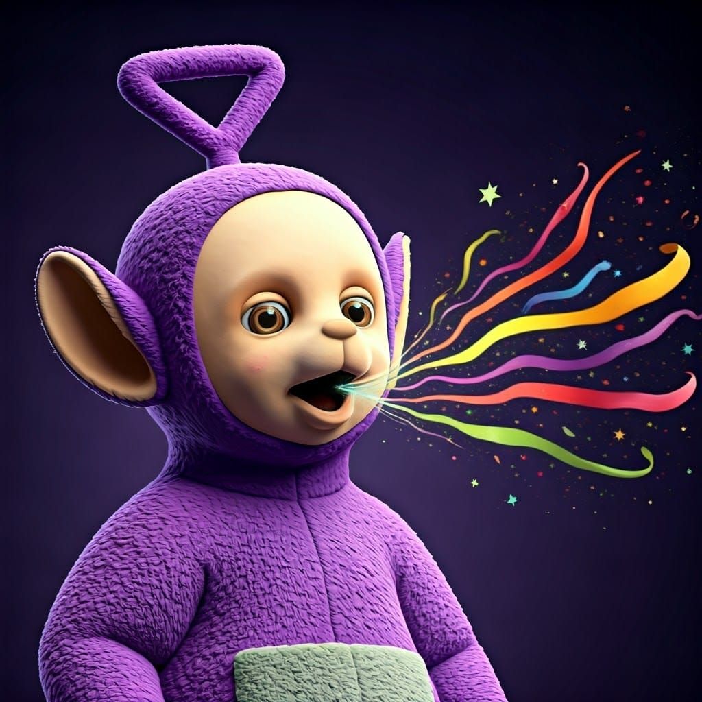 Vibrant Teletubby Erupts in Colorful Sneezing Bliss