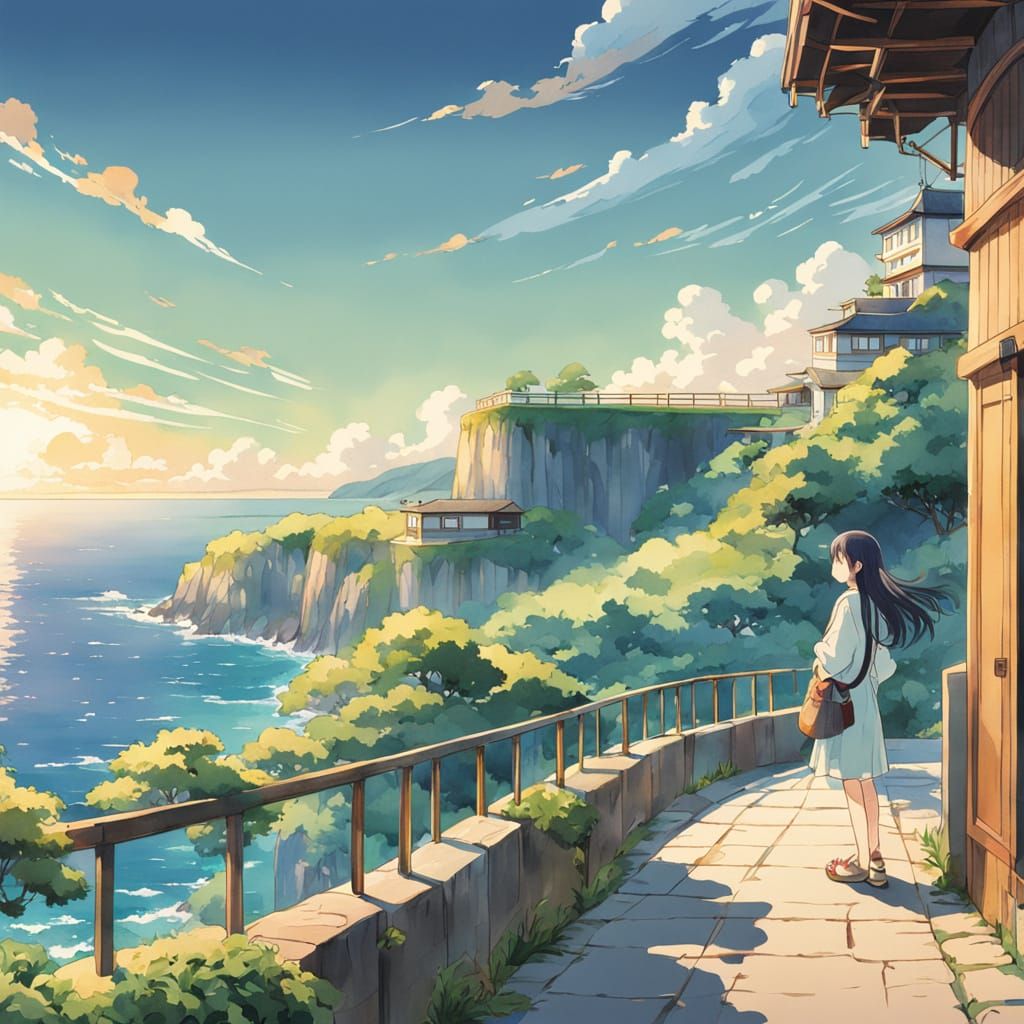 Anime Woman Gazing at Sea From Cliffside Terrace