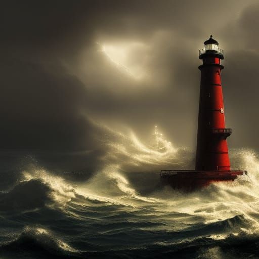 Dramatic Lighthouse Scene at Night as Digital Painting