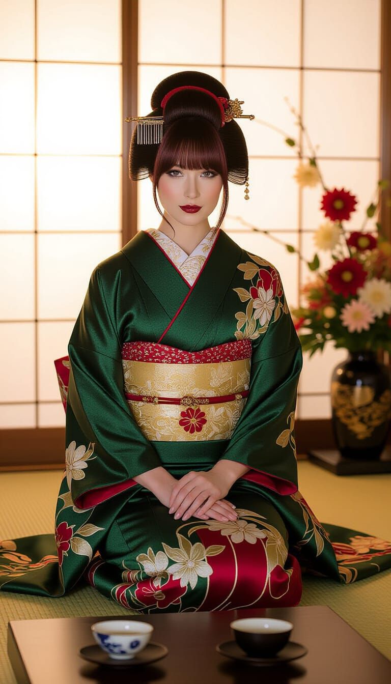 Woman in Kimono with Burgundy Hair, in Digital Art Style