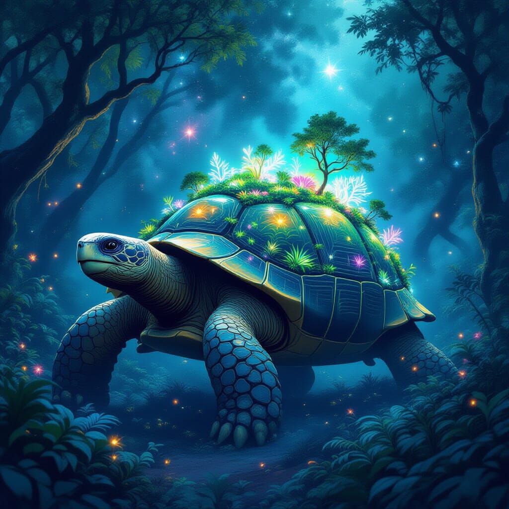 Ancient Forest Tortoise Drifts Through Cosmic Nebula