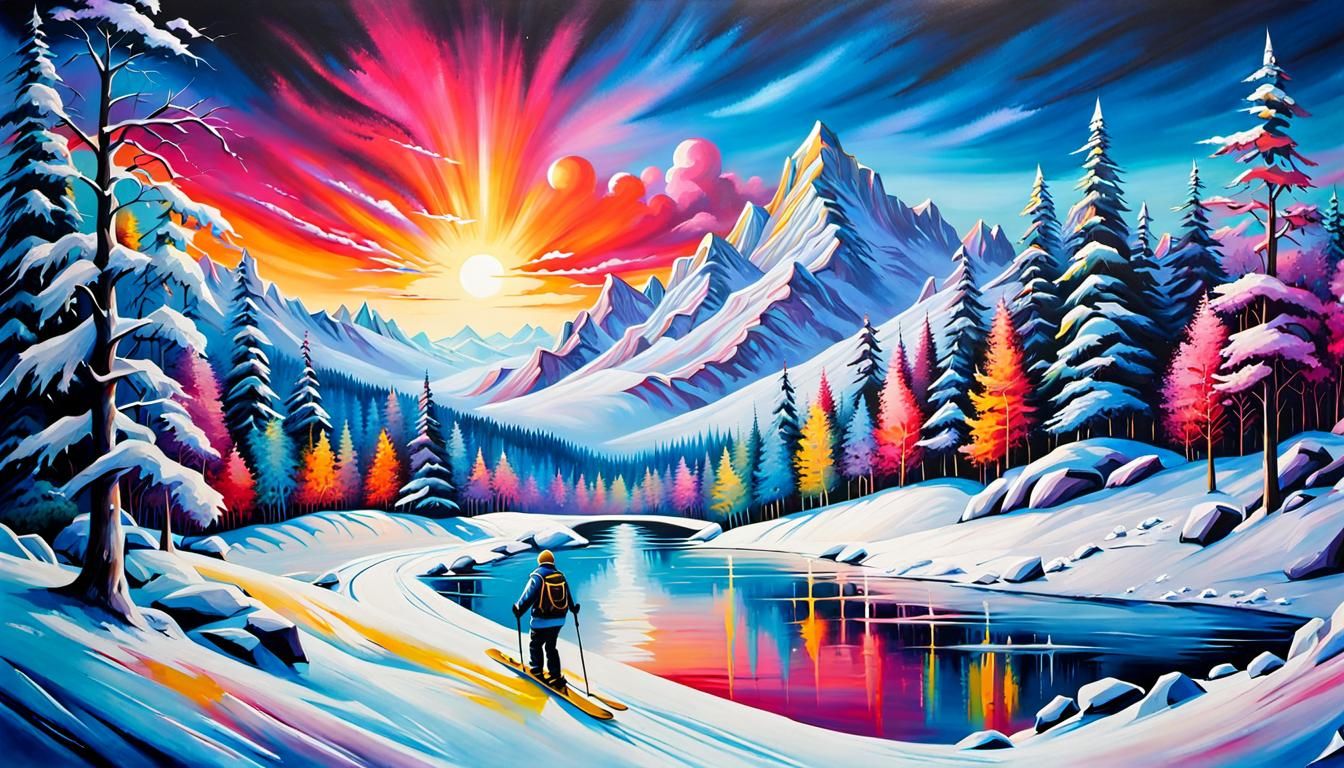 Enchanted Winter Landscape with Skiers in Graffiti Art