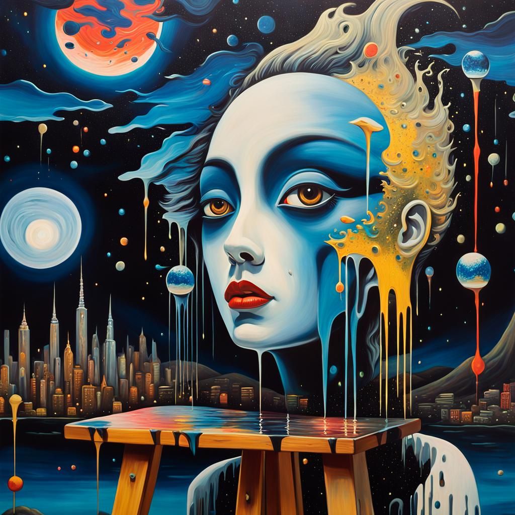 Surrealist Oil Painting: Dreamlike Cityscape with Biolumines...